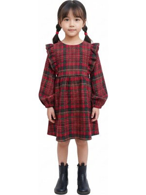 Escabel Kız Çocuk Ekoseli Bordo Uzun Kollu Elbise Fırfır Omuzlu Rahat Kalıp