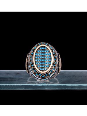 Yıldırım Turkuaz Taşlı 925 Ayar Gümüş Erkek Yüzük – Bakır Ton Detaylı Klasik Desen