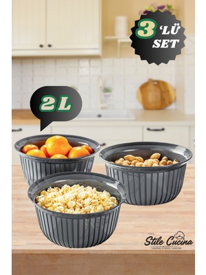 Stile Cucina 3'lü Ekonomik Linea Yuvarlak Kase Seti Antrasit (3 x 2 Litre)