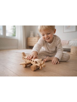 Ustaagac Montessori Tarzı Ahşap Uçak Oyuncağı – Doğal Kayın Ağacı, Eğitici ve Güvenli Çocuk Oyuncağı (2–5 Yaş)