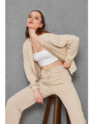 Bej Renk Kaşkorse Pantolon Bomber Ceket Kadın Alt Üst Takım