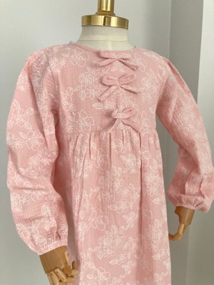 Uhde Store Kız Çocuk Pembe Tesettür Müslin Elbise Merasim Elbisesi Umre Elbisesi