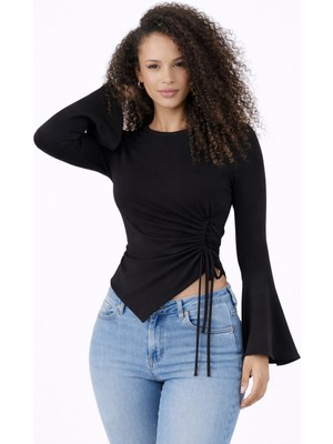 Espoirplus Yuvarlak Yaka Drape Detaylı Ispanyol Kol Tesettür Uyumlu Üst Bluz