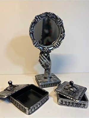 Peramari Polyester Dekoratif Makyaj Aynası Seti Gümüş Eskitme