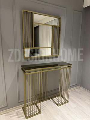 Eskitme Gold Metal Dresuar ve Ayna Takımı