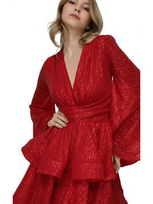 Elifnaz Moda Evi Bordo V Yaka Glenli Volan Etek Elbise