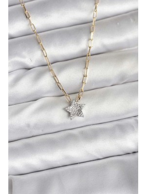 Üreticiniz Pirinç Gold Renk Zincirli Zirkon Taşlı Minimal Yıldız Model Kadın Kolye
