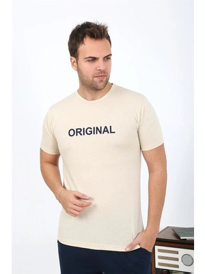 Moda Erkek Kısa Kol Penye Pijama Takımı Krem Beruflic