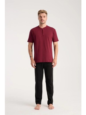 Moda Erkek Bordo Düğmeli Yaka Kısa Kol Pijama Takımı Beruflic