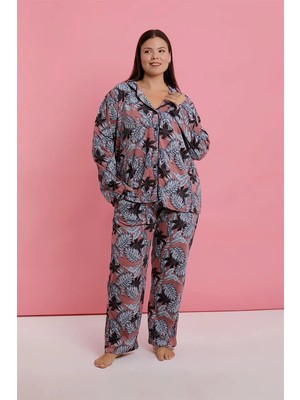 Moda Kadın Büyük Beden Somon Yaprak Desenli Düğmeli Pijama Takımı Beruflic
