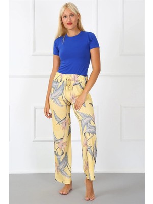 Moda Bayan Penye Bol Paça Pantolon Sarı Beruflic