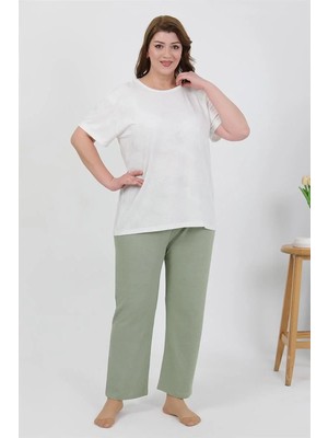 Moda Kadın Büyük Beden Kısa Kol Penye Pijama Takımı Beyaz Beruflic