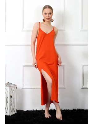 Moda Kadın Ip Askılı Turuncu Uzun Gecelik Beruflic