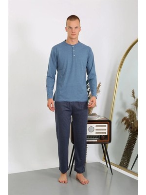 Moda Erkek Penye Uzun Kol Pijama Takımı Indigo Beruflic