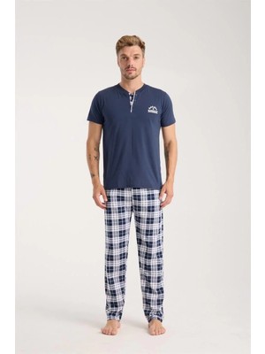 Moda Erkek Lacivert Düğmeli Yaka Kısa Kol Pijama Takımı Beruflic