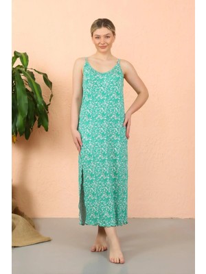 Moda Kadın Ip Askılı Yırtmaçlı Uzun Yeşil Gecelik Beruflic