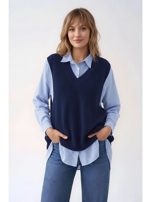 Mamayaga Kadın Uzun Kol Gömlek Yaka Içi Gömlekli Triko Yelekli Spor Şık Gömlek Kazak