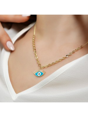 Goldium 14 Ayar Altın Mavi Mineli Göz Kolye