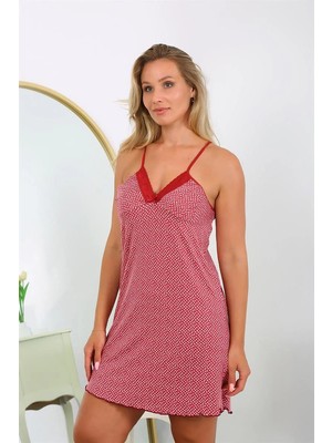 Moda Kadın Pamuk Büyük Beden Ip Askılı Desenli Gecelik Bordo Beruflic