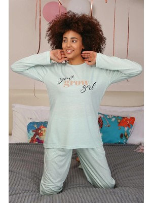 Moda Kadın Penye Uzun Kol Pijama Takım Su Yeşili Beruflic