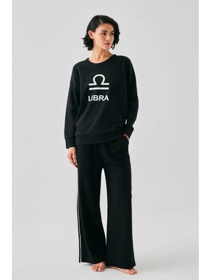 Moda Kadın Siyah Terazi Burcu Oversize 2 Iplik Eşofman Ev Giyim Takımı Beruflic