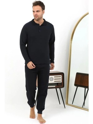 Moda Erkek Polo Yaka Uzun Kol Penye Pijama Takımı Lacivert Beruflic
