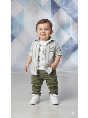 Bontino Erkek Bebek 3'lü Takım - %100 Pamuk Baskılı Tişört, Çizgili Gömlek ve Pantolon Seti