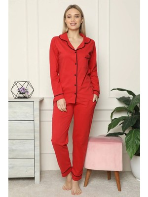 Moda Kadın %100 Pamuk Penye Önden Düğmeli Uzun Kol Pijama Takım Kırmızı Beruflic