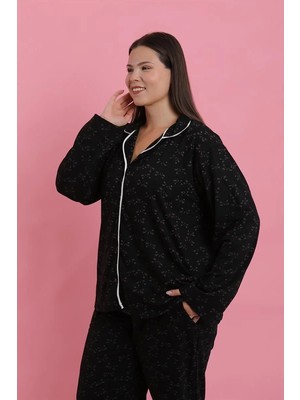 Moda Kadın Büyük Beden Siyah Beyaz Biyeli Desenli Düğmeli Pijama Takımı Beruflic