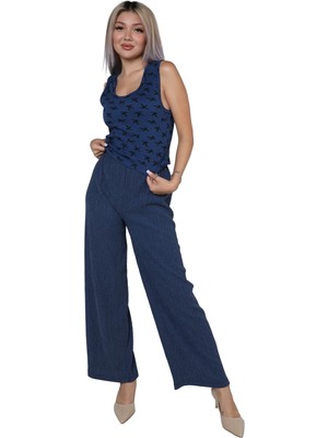 Moda Kadın Kalın Askılı Body Bol Paça Pantolon 2`li Takım Lacivert Beruflic