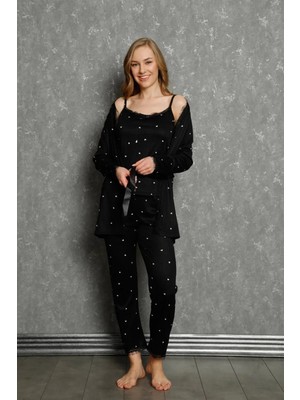 Moda Kadın 3'lü Sabahlık Pijama Takım Siyah Beruflic