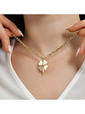 Goldium 14 Ayar Altın Taşlı Yonca Kolye