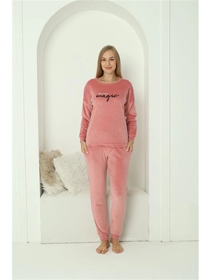 Moda Kadın Kadife Pembe Pijama Takım Beruflic