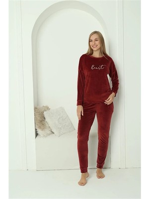 Moda Kadın Kadife Bordo Pijama Takım Beruflic