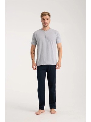 Moda Erkek Gri Düğmeli Yaka Kısa Kol Pijama Takımı Beruflic