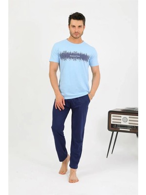 Moda Erkek Pamuk Kısa Kol Pijama Takım Mavi Beruflic