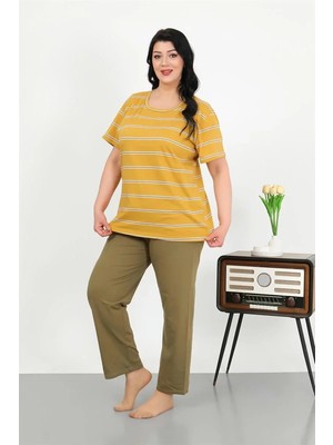 Moda Kadın Büyük Beden Kısa Kol Penye Pijama Takımı Sarı Beruflic