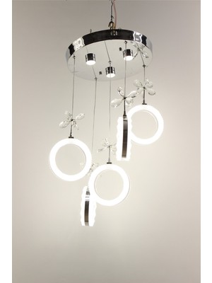 GN Gen Aydınlatma Gümüş Çemberli Seri Kelebekli 5li Kristalize Halka 4 Modlu LED Avize