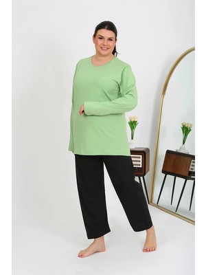 Moda Kadın Büyük Beden Uzun Kol Penye Pijama Takımı Fıstık Yeşili Beruflic