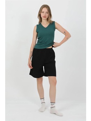 Moda Kadın Kalın Askılı Pamuk Penye Şortlu Takım Yeşil Beruflic