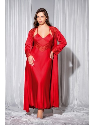 Viselya Dantelli Üstü Şifon Uzun Kollu Kırmızı Büyük Beden Saten Uzun Gecelik Sabahlık Takım