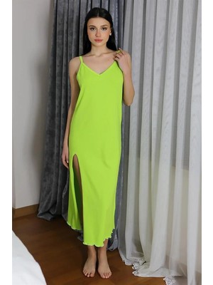 Moda Kadın Ip Askılı Uzun Yırtmaçlı Pamuk Penye Gecelik Yeşil Beruflic