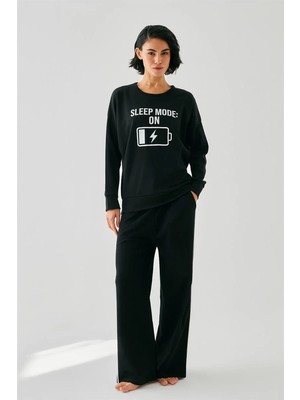 Moda Kadın Siyah Sleep Mode On Oversize 2 Iplik Eşofman Ev Giyim Takımı Beruflic