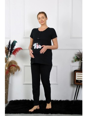 Moda Kadın Kısa Kol Hamile Lohusa Pijama Takımı Siyah Beruflic