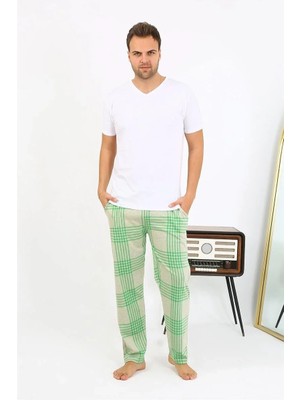 Moda Erkek Ekoseli Desen Penye Tek Alt Pijama Yeşil Beruflic