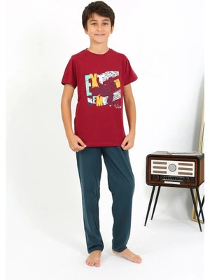 Moda Erkek Çocuk Kısa Kol Penye Pijama Takım Bordo Beruflic