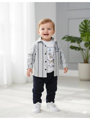 Bontino Erkek Bebek 3'lü Takım - %100 Pamuk Baskılı Tişört, Çizgili Gömlek ve Pantolon Seti