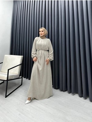 RFK Butik Kadın Seyyar Kemerli Balon Kol Keten Tasarım Elbise - Bej