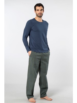 Cacharel Erkek Poplin O Yaka Uzun Kollu Pijama Takım 2239/YEŞIL 3