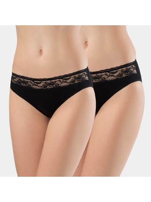 Türen Kadın Beli Dantelli Likralı 2'li Pamuklu Bikini Külot 262/SIYAH
